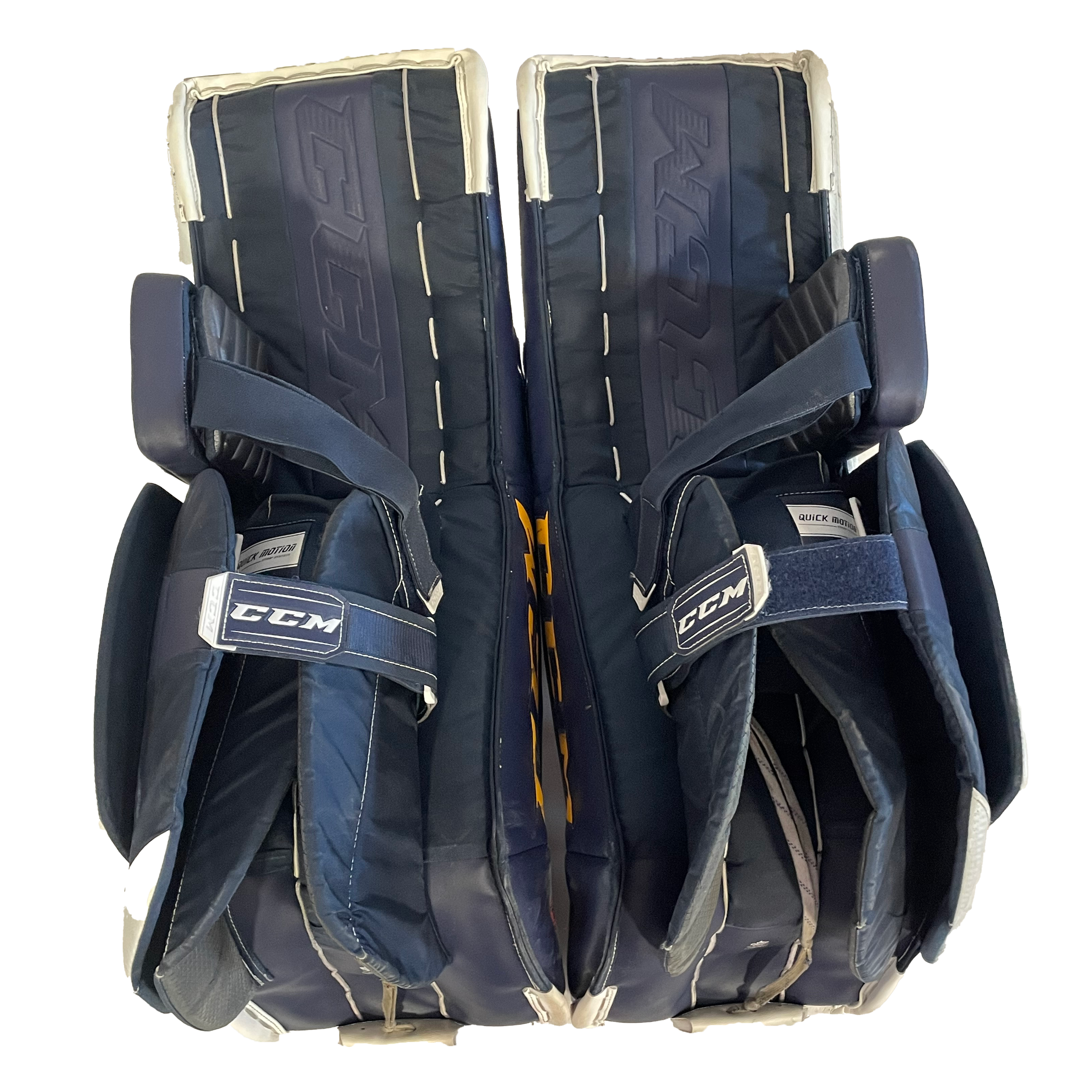 CCM Extreme Flex 5 - Jambières de gardien de but Pro Stock d'occasion (blanc/bleu marine/rouge)